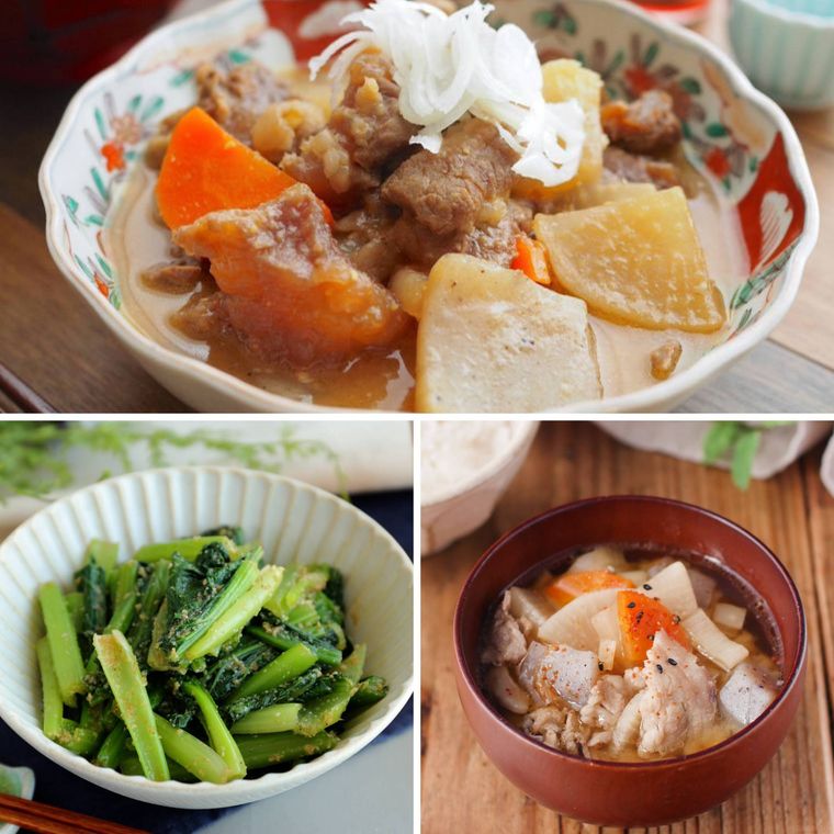 牛すじ煮込みと小松菜のごま和えの献立コラージュ