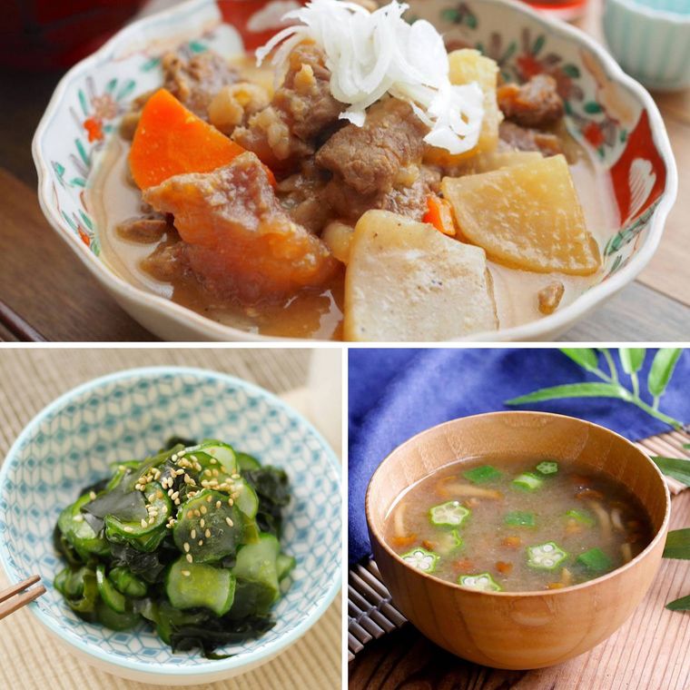 牛すじ煮込みとわかめときゅうりの酢の物の献立コラージュ