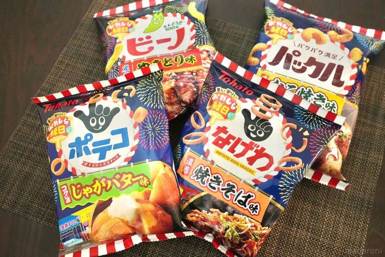 東ハトの人気スナック菓子ポテコとなげわとビーノとパックルの夏祭り屋台メシ味のパッケージ