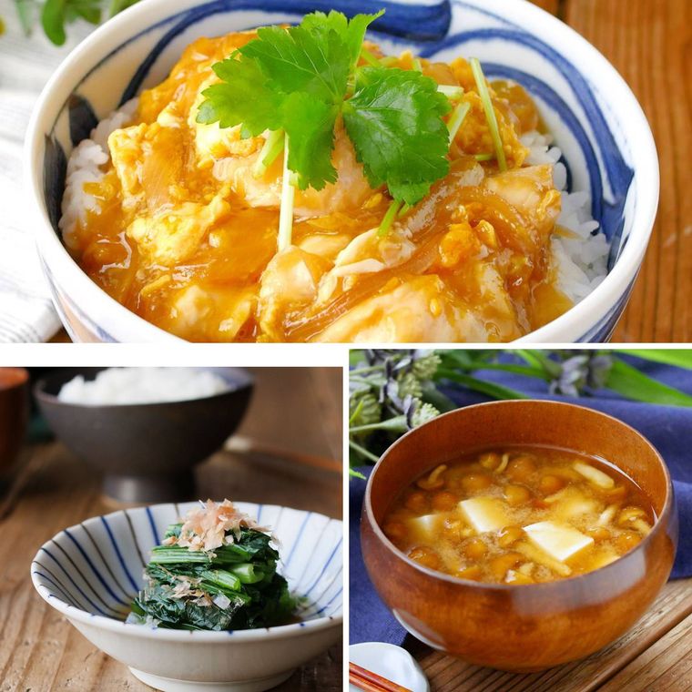 親子丼献立のコラージュ
