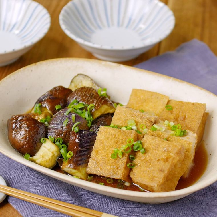 レンジで作れるなすと厚揚げのめんつゆ煮浸し