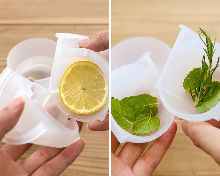 無印良品の丸く綺麗に作れる 製氷器 丸い氷にレモンやハーブを入れた様子