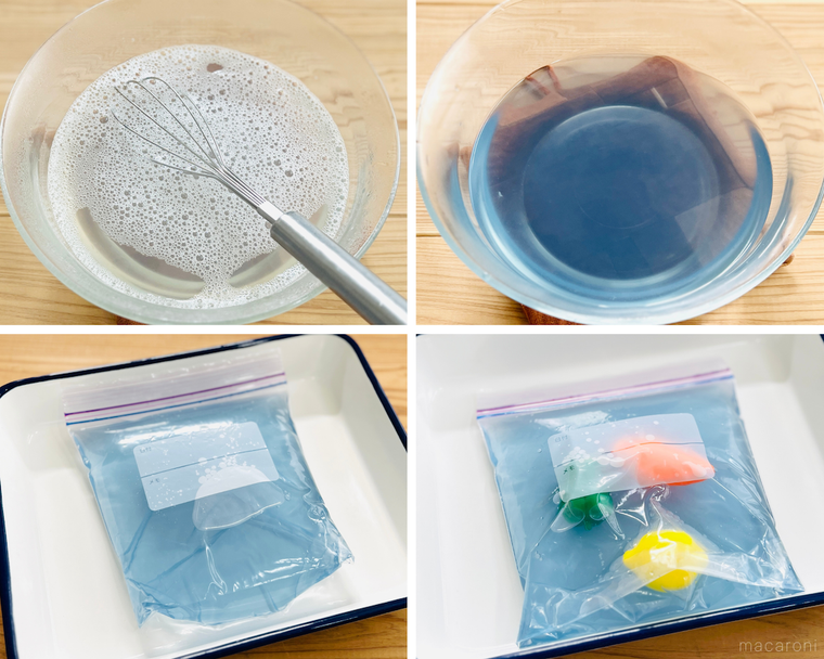 寒天液を作り、おもちゃを入れて固めている様子