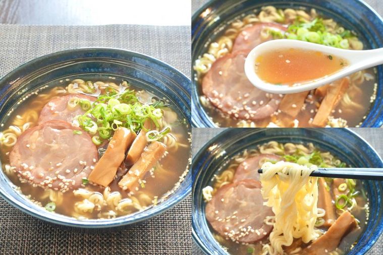 青いラーメン丼に出前一丁を盛り付け白いれんげと黒い箸で食べる様子