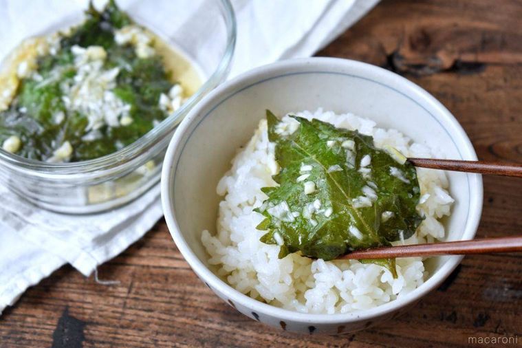 しそのごま油漬けをのせたごはんに箸を添えている様子