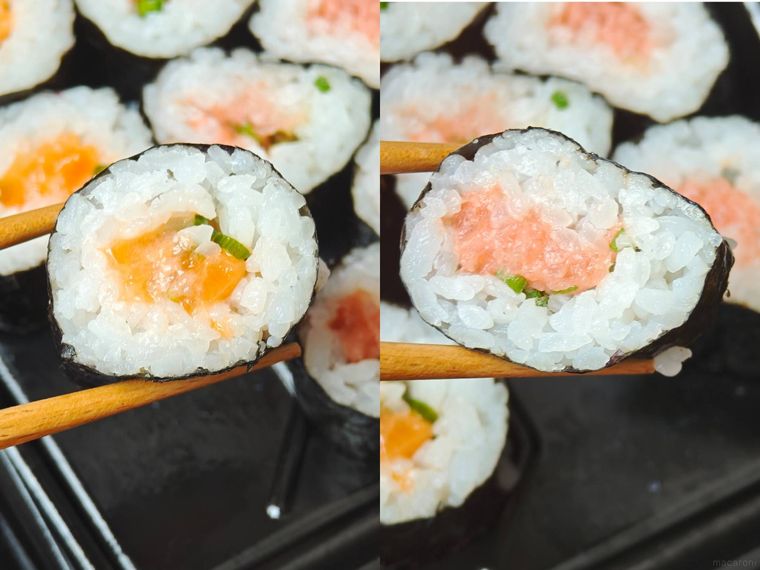 たっぷりネギトロとサーモン中巻を箸で持っている様子