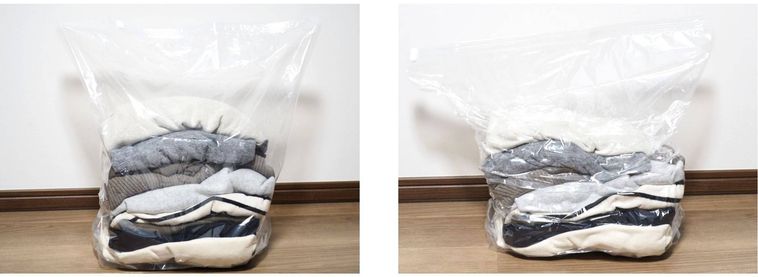 マチ付き圧縮袋の圧縮前後の様子