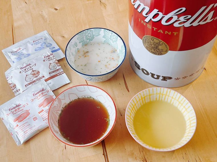 インスタントスープアソート ペール缶のコーンポタージュ、クラムチャウダー、オニオンスープ