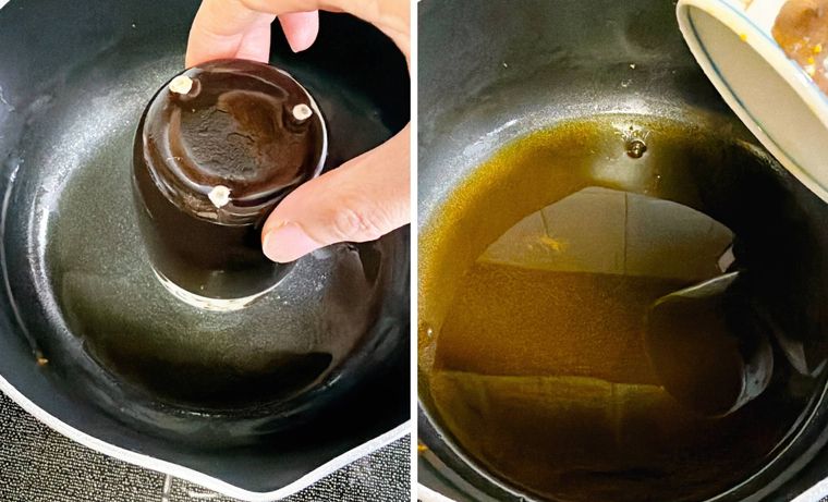 湯呑みを外したら煮汁が出る様子