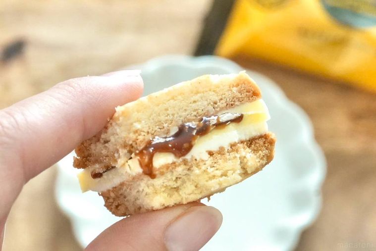 白い小皿と手に持ったバタースコッチバーガーの断面