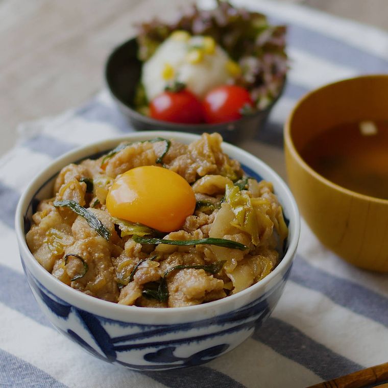 丼に入ったダブルねぎのスタミナ豚丼にみそ汁とサラダが添えられている