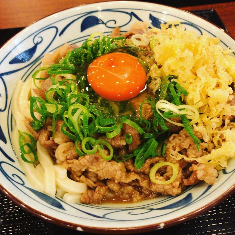 丼に盛られた肉うどんにネギや天かす卵がのっている