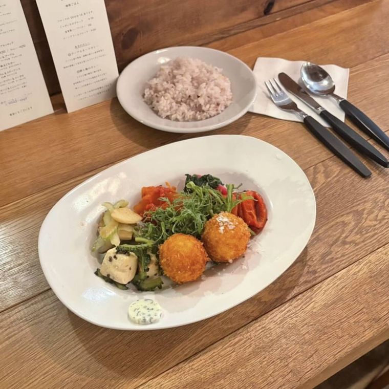 白い器に盛られたコロッケと野菜とご飯