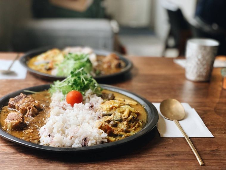 器に盛り付けられた2種類のカレーとご飯