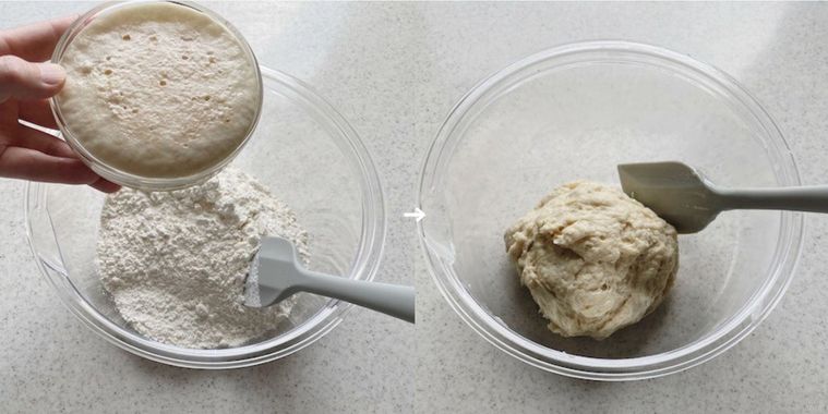 粉にドライイーストを溶かした液体を入れている様子