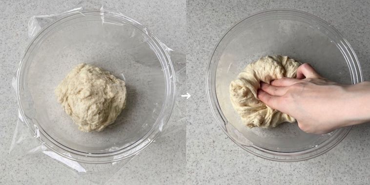 パン生地にラップをし、ガス抜きしている様子