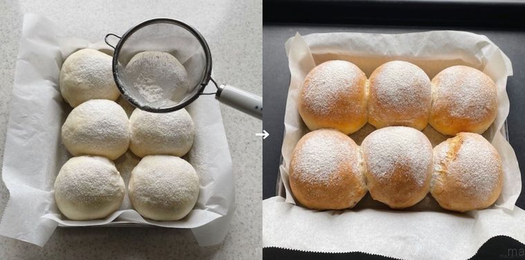 パン生地の上に強力粉をふっている様子