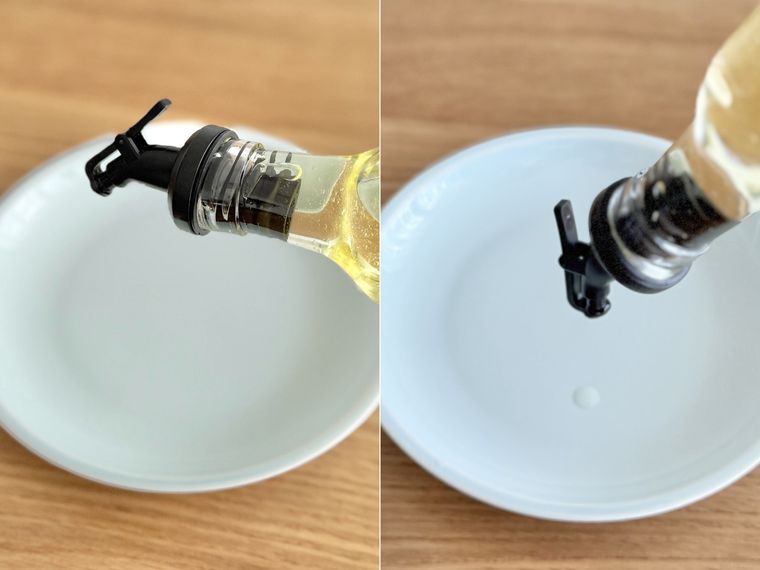 ガラスオイルボトルデザイン付、約280mLの漏れを検証する様子