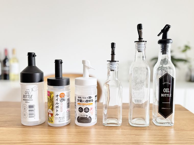 ダイソーのオイルボトル6種類が並ぶ様子
