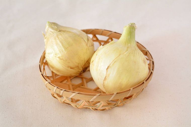 木製のかごに入った2個の新玉ねぎ