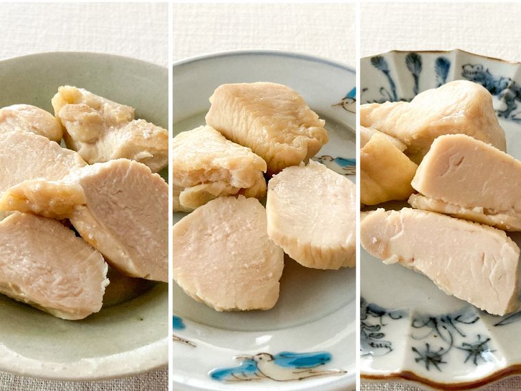 3種類の鶏むね肉の断面が見えるコラージュ画像