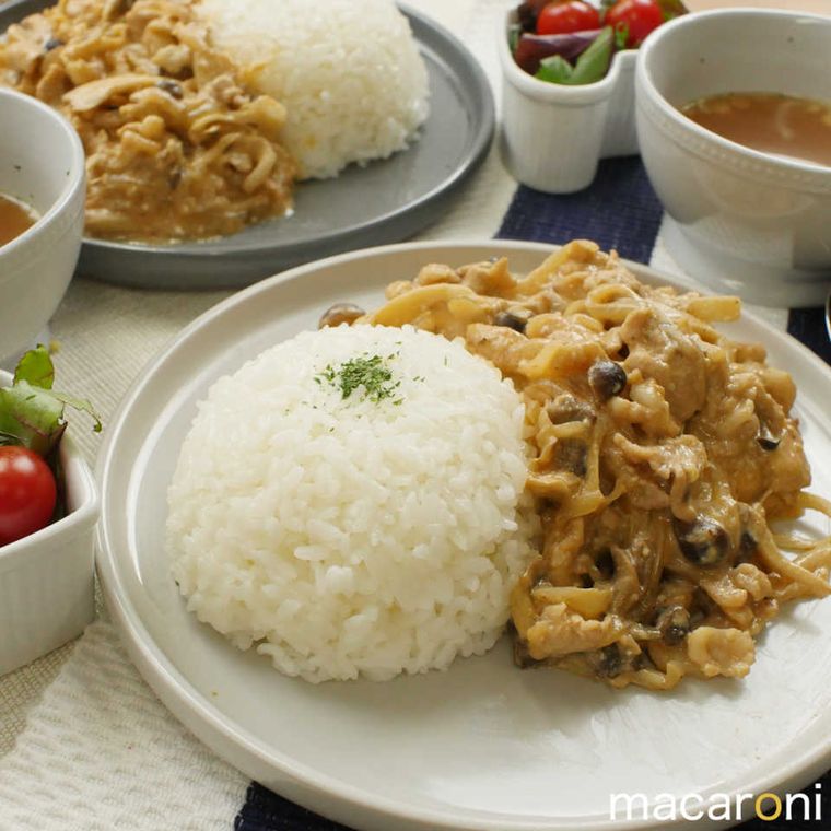 丸いプレートにごはんと盛り付けられたきのこストロガノフ