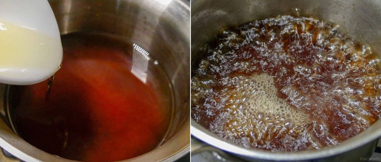 鍋で調味料を煮立たせて、そうめんのつゆを作る様子