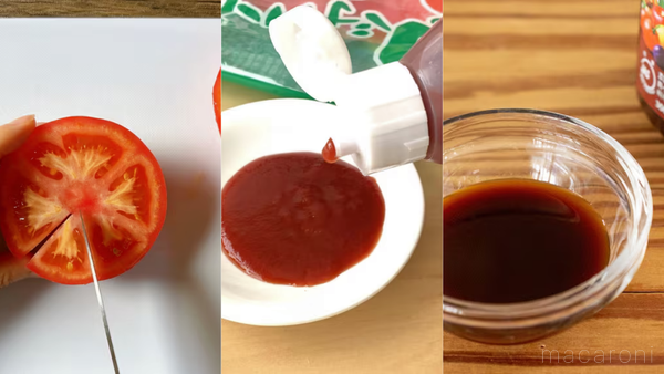 生トマトとケチャップとウスターソースのコラージュ画像