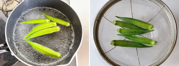 鍋でオクラをゆでてからザルにあげた様子