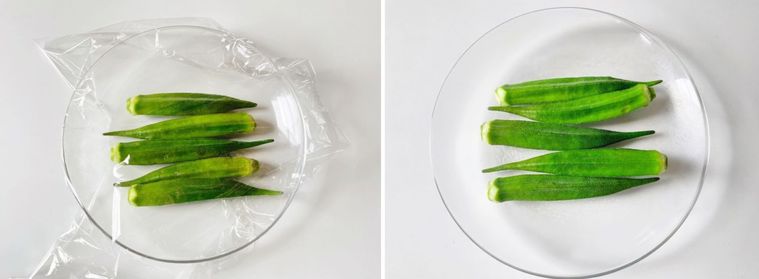 オクラをガラスの皿に並べてラップをかけている様子と電子レンジで加熱したオクラ