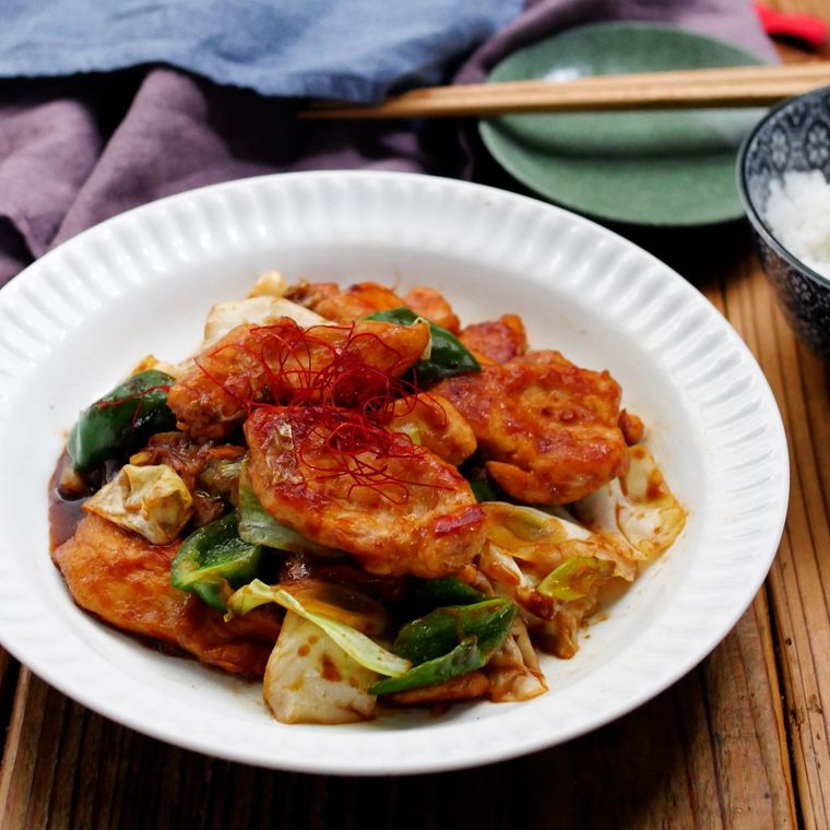白い皿に盛られた鶏むね肉の回鍋肉風炒め