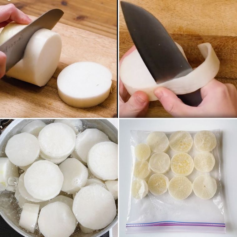 カットした大根をゆでて冷凍保存する様子