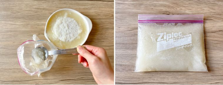 大根おろしをジッパー付き保存袋に入れて保存する様子