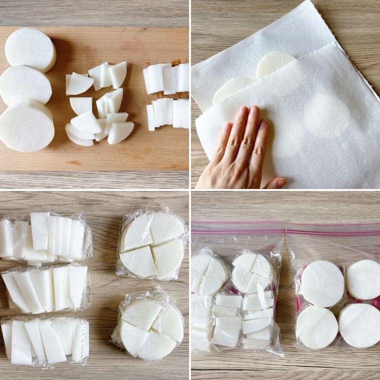 カットした大根を冷凍保存する様子