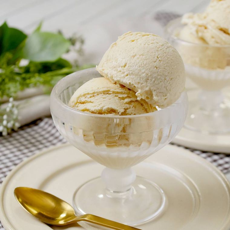 器に盛りつけられたプリンアイスにスプーンが添えられている。