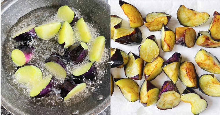 なすを揚げて油を切っている様子