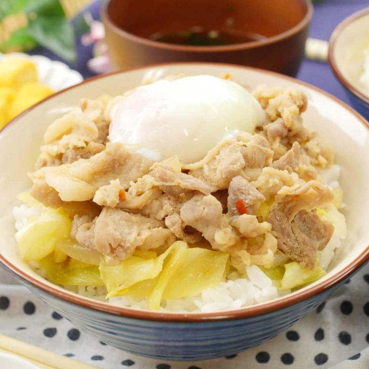 丼鉢に入っている豚バラ肉とキャベツ、温泉卵入りの他人丼風