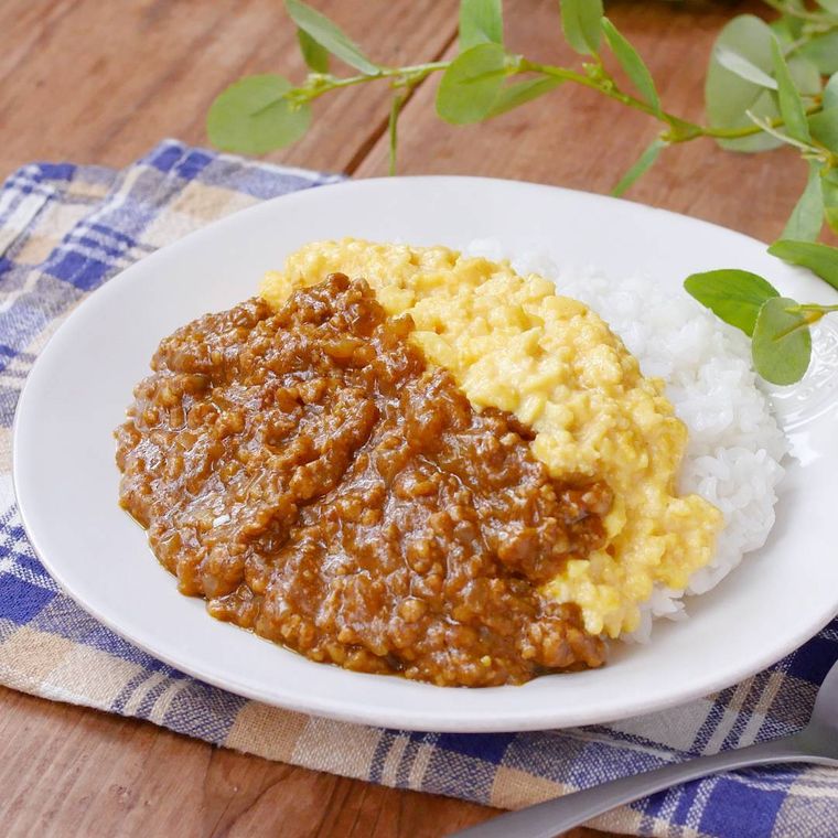 白い皿に盛られた卵とひき肉のカレー
