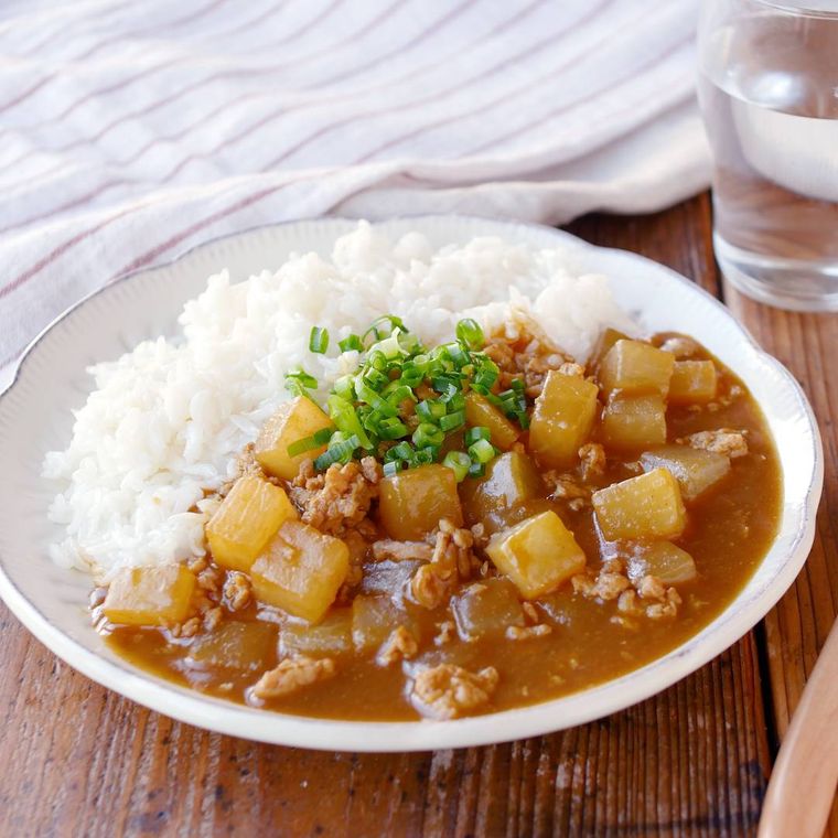 白い皿に盛られた大根とひき肉のカレー