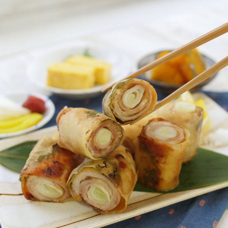 皿に盛り付けられた豚肉と長ねぎのくるくるみそ春巻き
