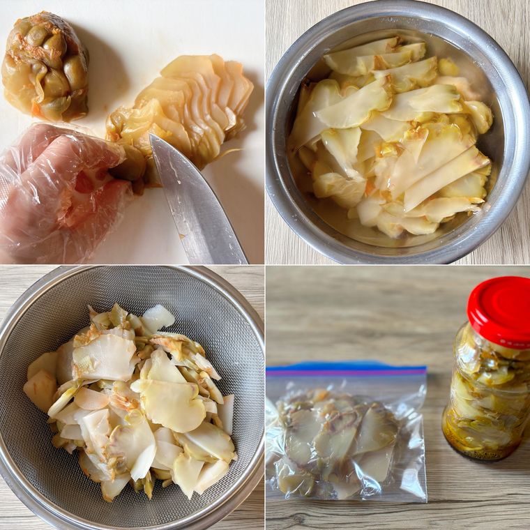 ザーサイの漬物をスライスして塩抜きする様子