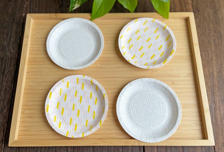 トレーの上に小皿のペーパープレートを並べた写真