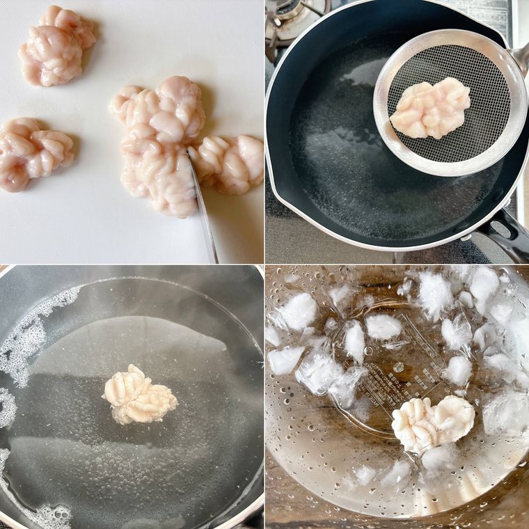 白子を切って湯通しし氷水で冷やす様子