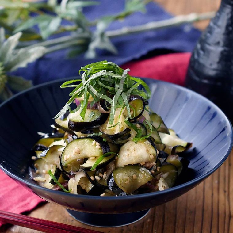 黒い皿に盛り付けたなすとトマトとみょうがのさっぱりナムル