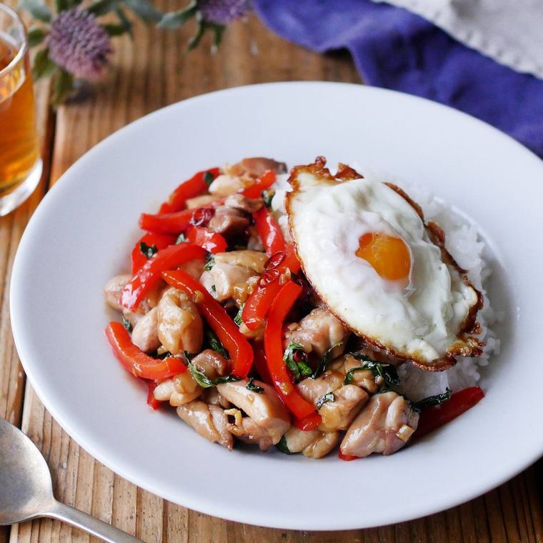 白い器に盛り付けられた、基本のガパオライス