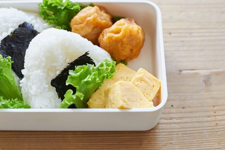 お弁当箱に詰めたふたつのおにぎりとおかず