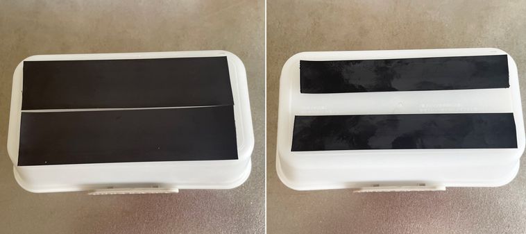 プラスチック容器の底に貼り付けたマグネットテープ