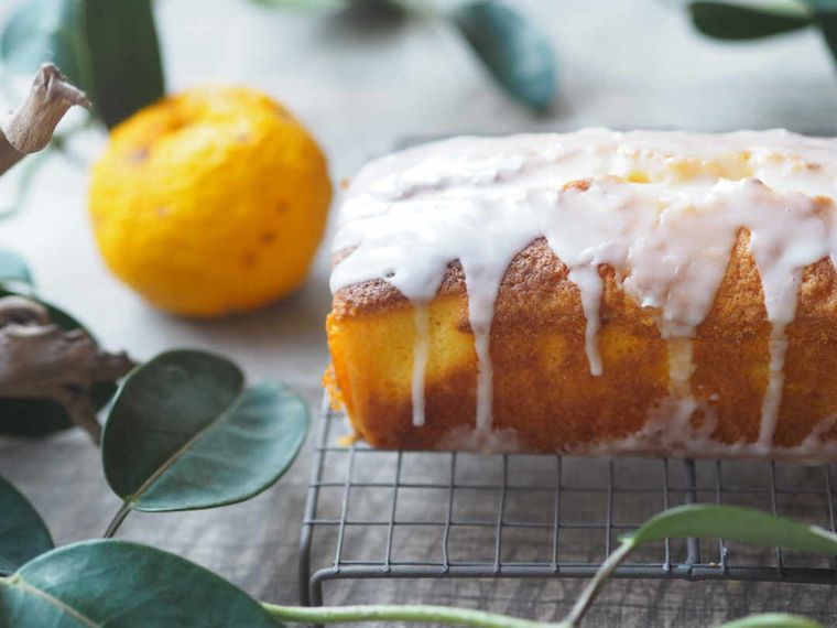 網の上にのせられ、ゆず果汁で作るアイシングをかけられたゆずのウィークエンドシトロン