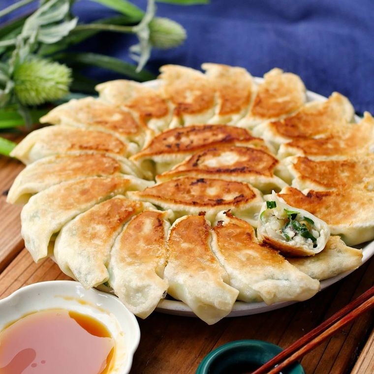 タレが添えられたもやしと豆腐の餃子