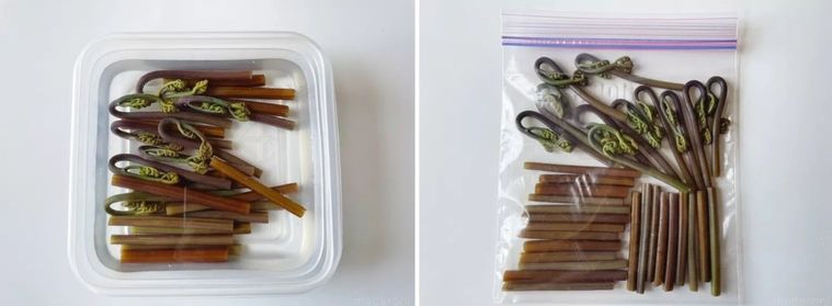 アク抜きしたわらびを冷蔵、冷凍保存する様子